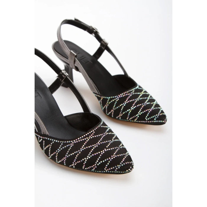 Kadın Saten Taş İşlemeli Arkası Açık Abiye Ayakkabı Siyah