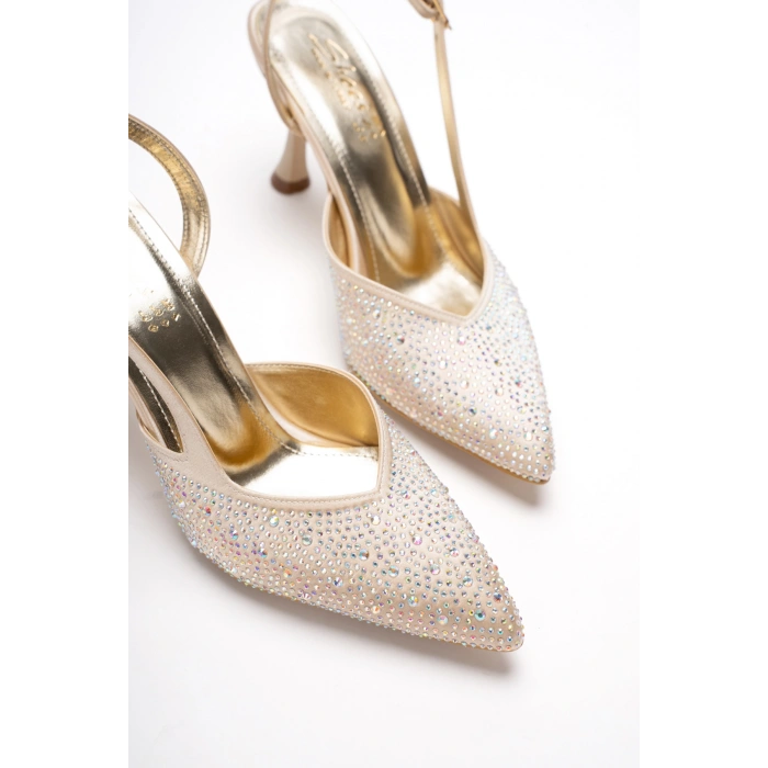 Kadın Sivri Burunlu Arkası Açık İnce Topuklu Stiletto Altın Taşlı