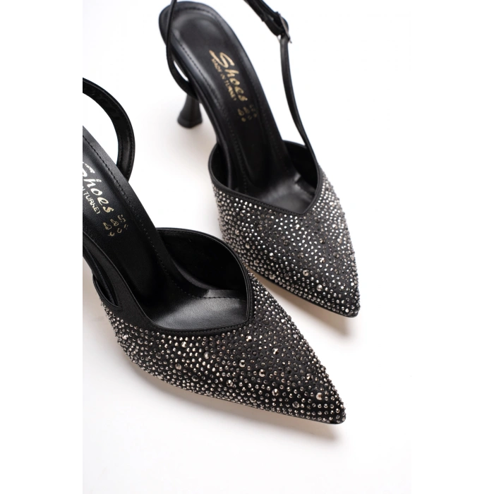 Kadın Sivri Burunlu Arkası Açık İnce Topuklu Stiletto Siyah Taşlı