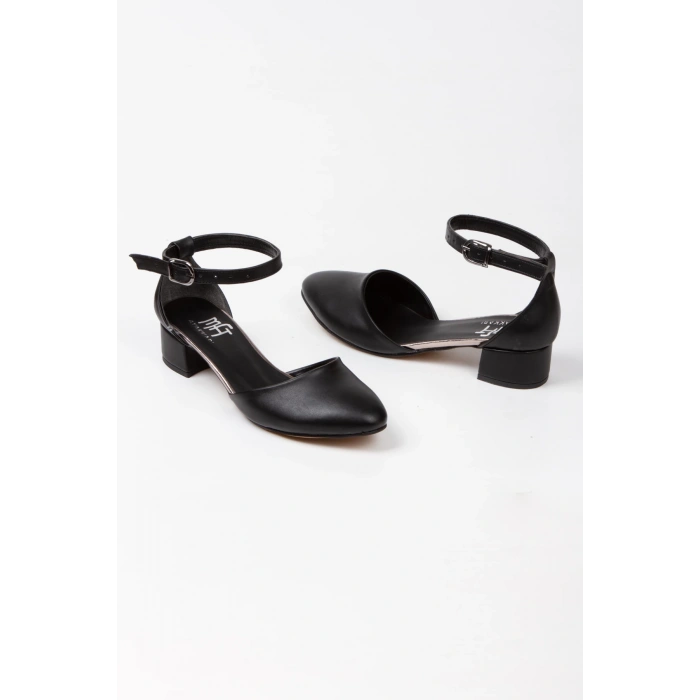 Kadın Siyah Cilt Karnıyarık Kısa Topuklu Ayakkabı Çanta Takımı