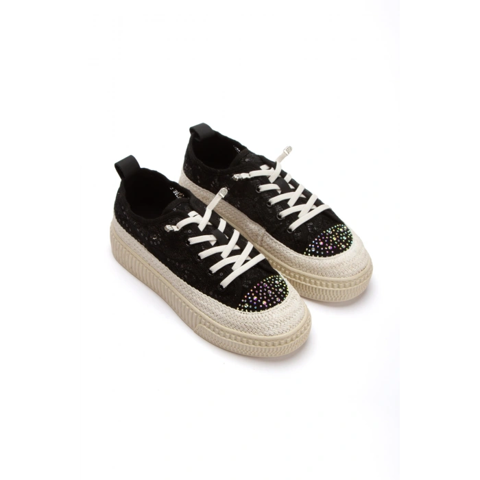 Kadın Siyah Dantel Detaylı Bağcıklı Günlük Spor Ayakkabı