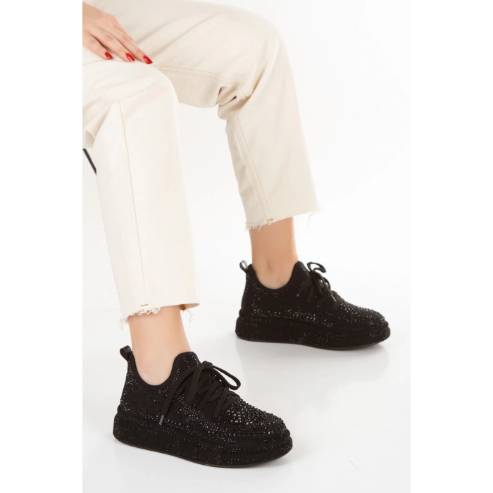 Kadın Siyah Işıltı Taşlı Yüksek Platform Tabanlı Sneaker