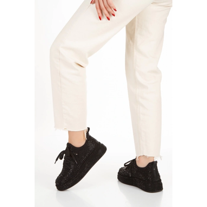 Kadın Siyah Işıltı Taşlı Yüksek Platform Tabanlı Sneaker