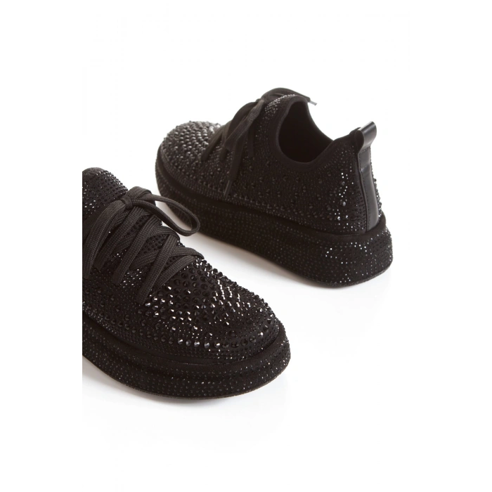 Kadın Siyah Işıltı Taşlı Yüksek Platform Tabanlı Sneaker