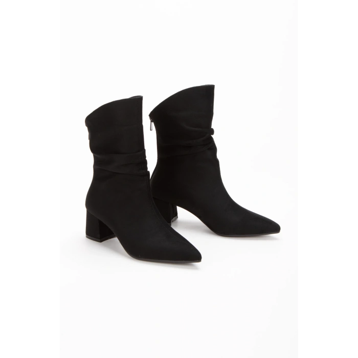 Kadın Siyah Süet Körüklü Kısa Kalın Topuklu Bot