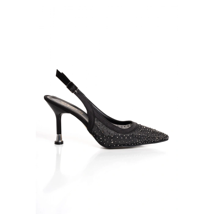 Kadın Siyah Taşlı Şeffaf Fileli Abiye Ayakkabı