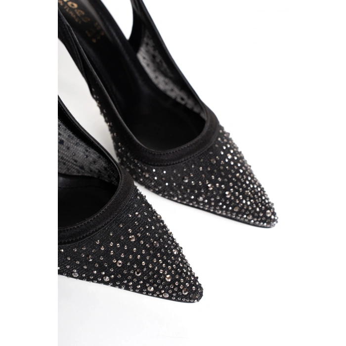 Kadın Siyah Taşlı Şeffaf Fileli Abiye Ayakkabı