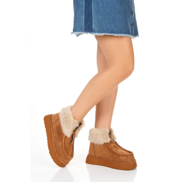 Kadın Taba Fermuarlı Kalın Tabanlı Bot Kürklü Model