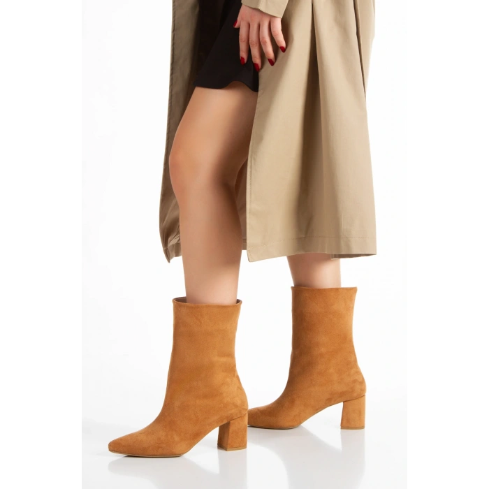Kadın Taba Süet Kalın Topuklu Fermuarsız Bot