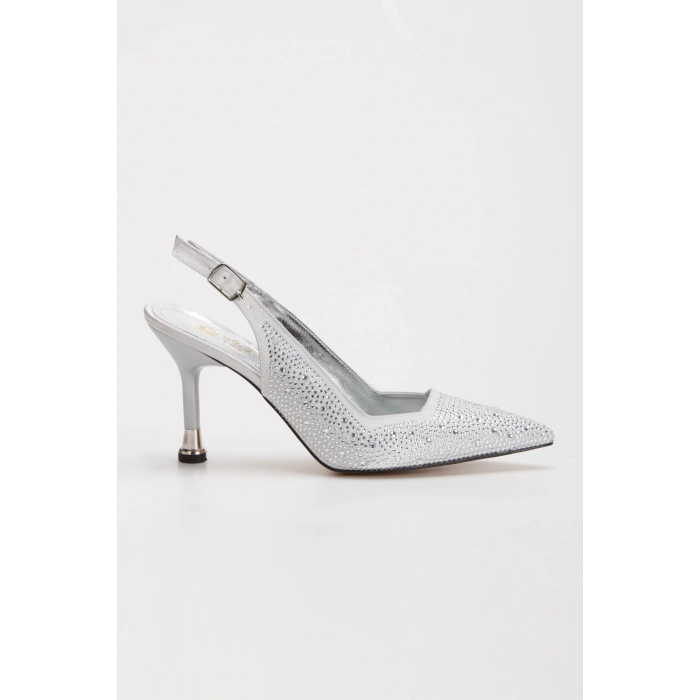 Kadın Taş Baskılı Tarz Topuklu Abiye Ayakkabı Gümüş