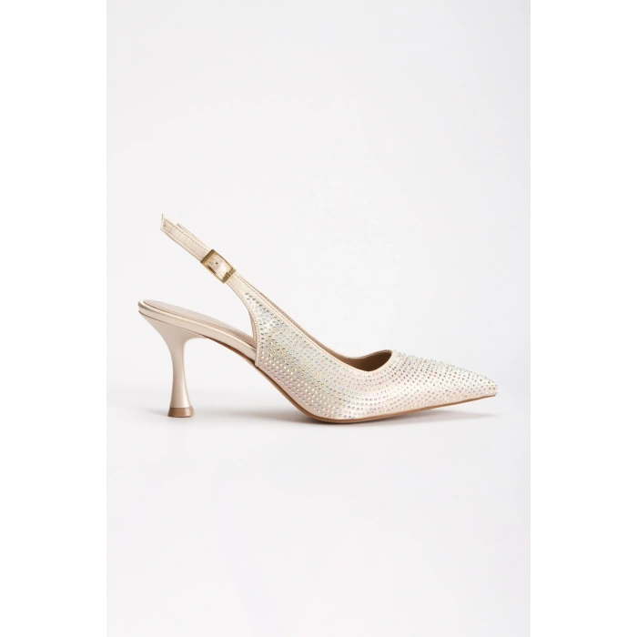 Kadın Taş İşlemeli İnce Topuklu Gece Ayakkabısı Altın