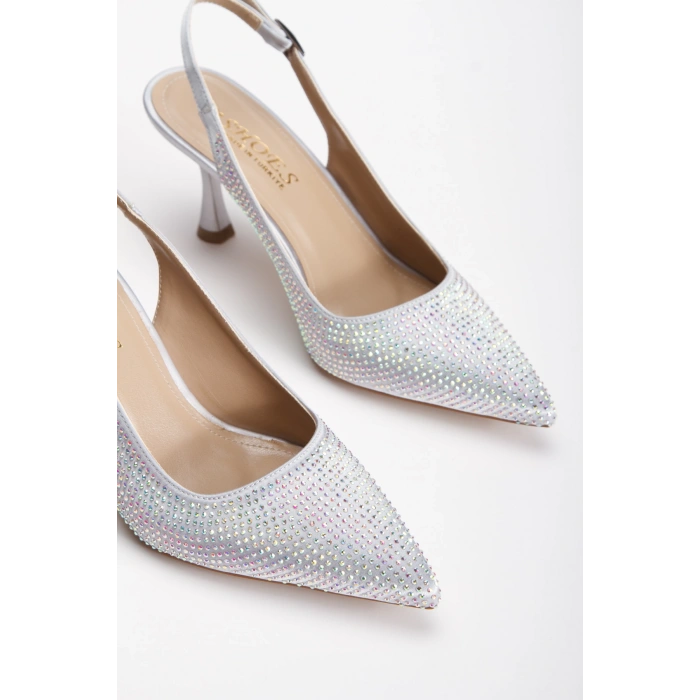 Kadın Taş İşlemeli İnce Topuklu Gece Ayakkabısı Gümüş