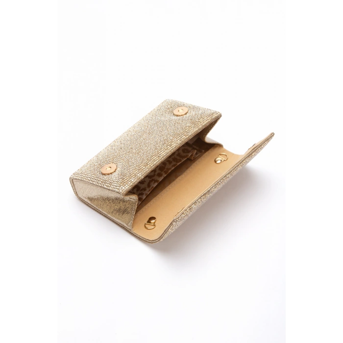 Kadın Taşlı Askılı Abiye Çanta Gold