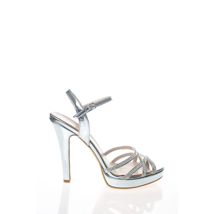 Kadın Taşlı Yüksek Topuklu Abiye Ayakkabı Gümüş