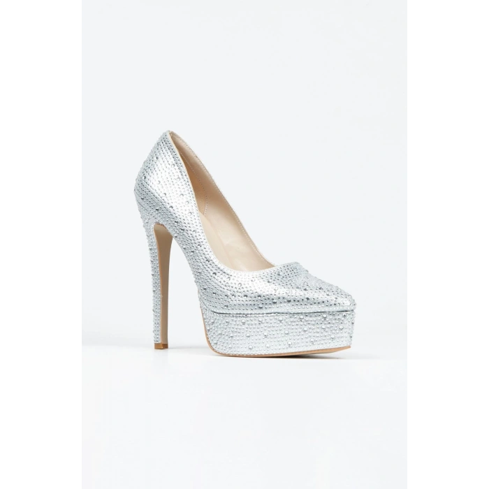 Kadın Taşlı Yüksek Topuklu Abiye Ayakkabı Gümüş