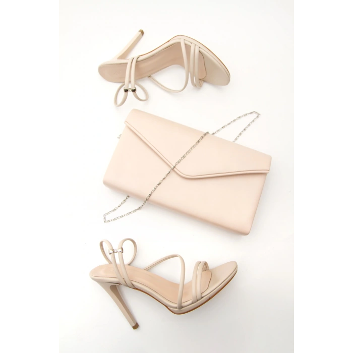 Kadın Yazlık 10 Cm Ince Topuklu Ayakkabı Ve Çanta Takımı Bej