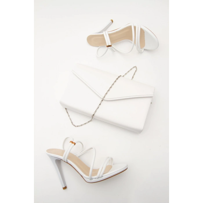 Kadın Yazlık 10 Cm Ince Topuklu Ayakkabı Ve Çanta Takımı Beyaz