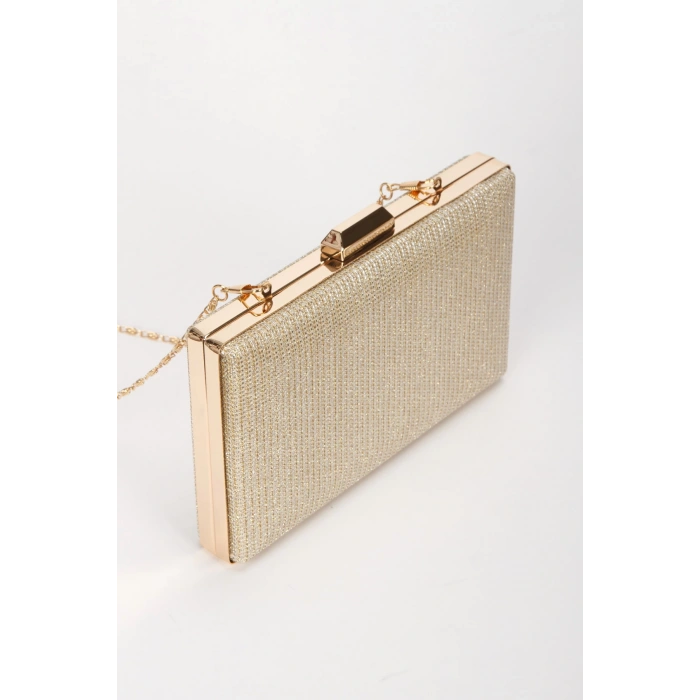 Kadın Yazlık Altın Suni Deri Topuklu Ayakkabı Ve Çanta Takımı