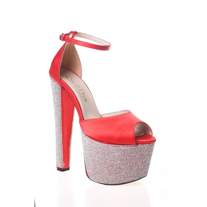 Kırmızı Arkası Kapalı Burnu Açık Yüksek Platformlu Taşlı Abiye Ayakkabı