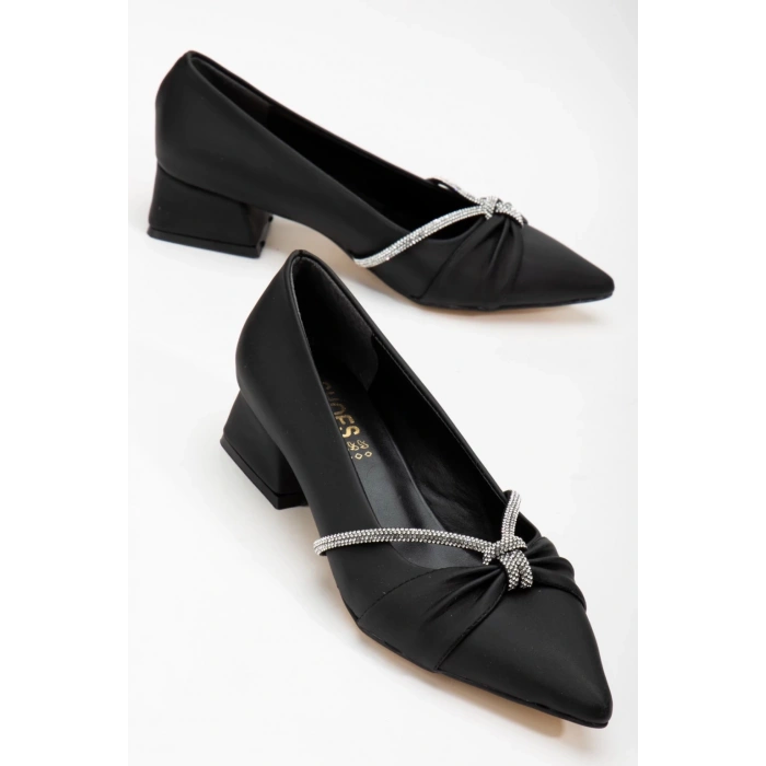 Kısa Kalın Topuklu Taşlı Saten Ayakkabı Siyah
