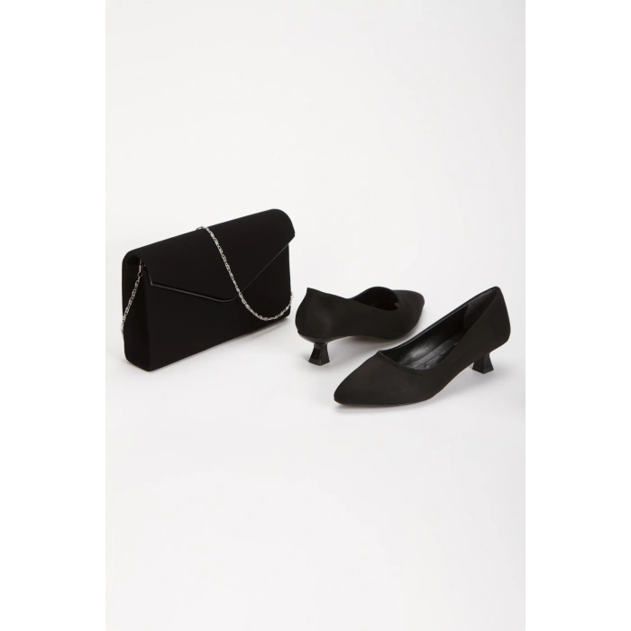 Kısa Topuklu Sivri Burunlu Stiletto ve Çanta Takımı Siyah süet