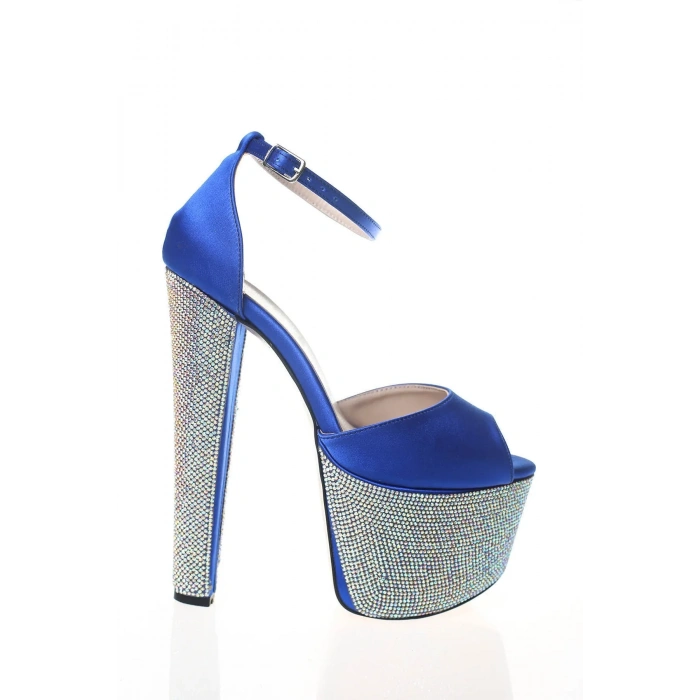 Mavi Arkası Kapalı Burnu Açık Yüksek Platformlu Taşlı Abiye Ayakkabı