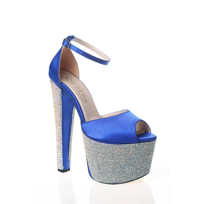 Mavi Arkası Kapalı Burnu Açık Yüksek Platformlu Taşlı Abiye Ayakkabı