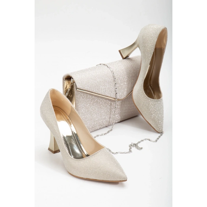 Özel Üretim Kalın Topuklu Stiletto ve Çanta Takımı Altın