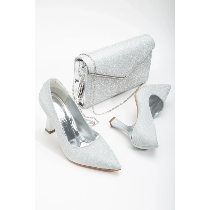 Özel Üretim Kalın Topuklu Stiletto ve Çanta Takımı Gümüş