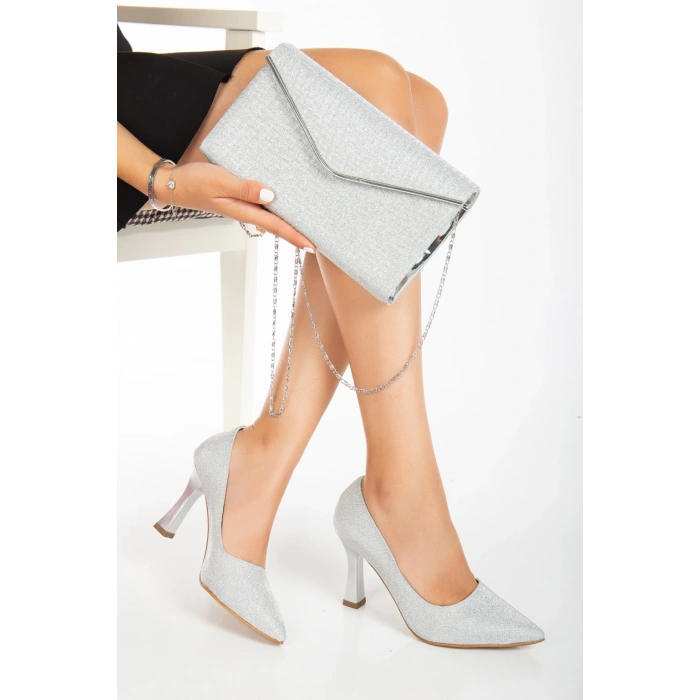 Özel Üretim Kalın Topuklu Stiletto ve Çanta Takımı Gümüş