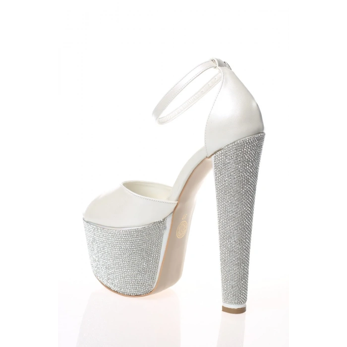 Sedef Arkası Kapalı Burnu Açık Yüksek Platformlu Taşlı Abiye Ayakkabı