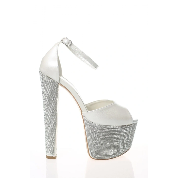 Sedef Arkası Kapalı Burnu Açık Yüksek Platformlu Taşlı Abiye Ayakkabı