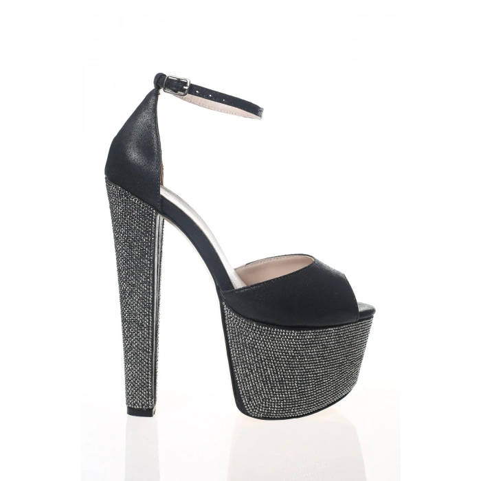 Siyah Arkası Kapalı Burnu Açık Yüksek Platformlu Taşlı Abiye Ayakkabı