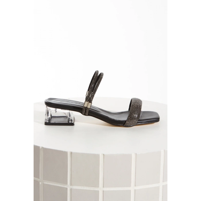 Siyah Taşlı Tek Şeffaf Topuklu Ayakkabı