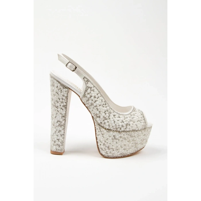 Yüksek Kalın Topuklu Platformlu Taşlı Abiye Ayakkabı Sedef