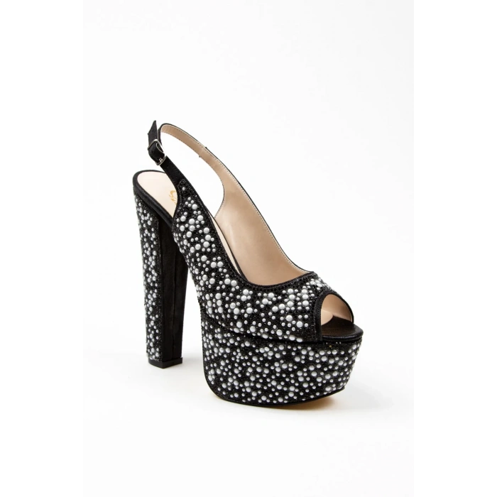 Yüksek Kalın Topuklu Platformlu Taşlı Abiye Ayakkabı Siyah