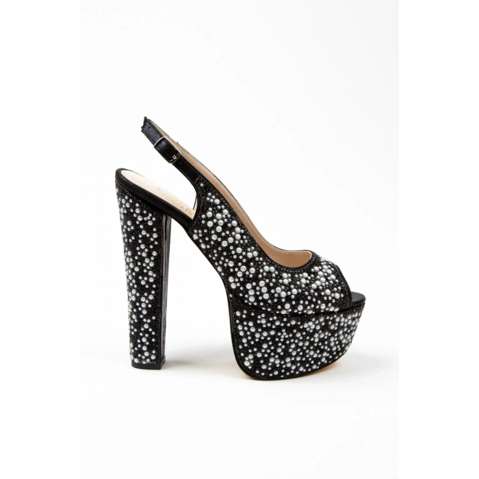 Yüksek Kalın Topuklu Platformlu Taşlı Abiye Ayakkabı Siyah