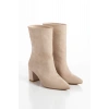 Kadın Bej Süet Kalın Topuklu Fermuarsız Bot