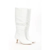 Kadın Beyaz Büzgü Detaylı İnce Topuklu Dizaltı Çizme
