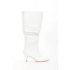 Kadın Beyaz Büzgü Detaylı İnce Topuklu Dizaltı Çizme