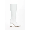 Kadın Beyaz Dizaltı Sivri Burun İnce Topuklu Fermuarlı Çizme