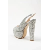 Yüksek Kalın Topuklu Platformlu Taşlı Abiye Ayakkabı Gümüş