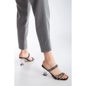 Kadın Şeffaf Topuklu Taşlı Terlik Siyah