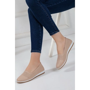 Kadın Günlük Ortopedik Ayakkabı Hakiki Deri Bej Lazer Işlemeli Babet-0027