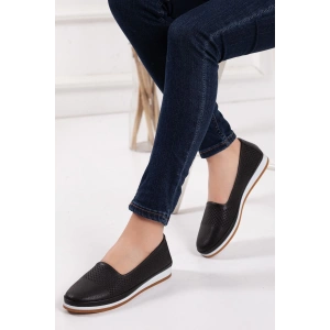 Kadın Günlük Ortopedik Ayakkabı-hakiki Deri-siyah Lazer Işlemeli Babet-0027