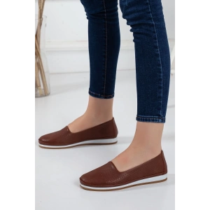 Kadın Günlük Ortopedik Ayakkabı-Deri-kahverengi Lazer Işlemeli Babet-0027