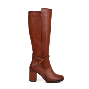 Kadın Kalın Topuklu Taba Suni Deri Biyeli Çizme