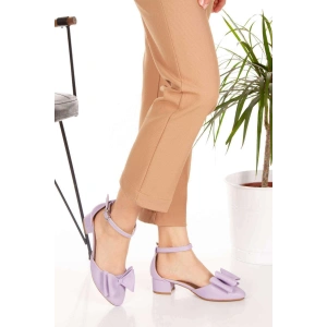 Kadın Lila Fiyonklu Kısa Topuklu Ayakkabı Rahat Fiyonklu