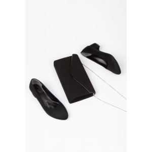 Kadın Siyah Süet Kısa Topuklu Stiletto Ayakkabı Çanta Takımı