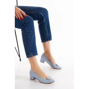 Kadın Mavi Suni Deri Kısa Topuklu Stiletto Tokalı